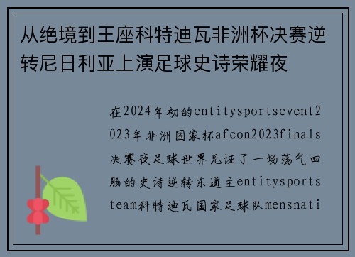 从绝境到王座科特迪瓦非洲杯决赛逆转尼日利亚上演足球史诗荣耀夜
